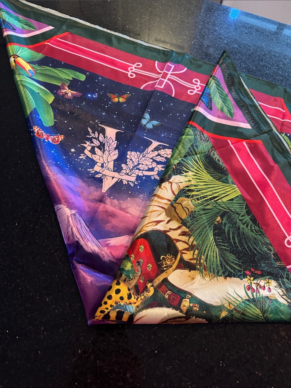 Vibrant Tropical Print Silk Scarf with Letter Motif